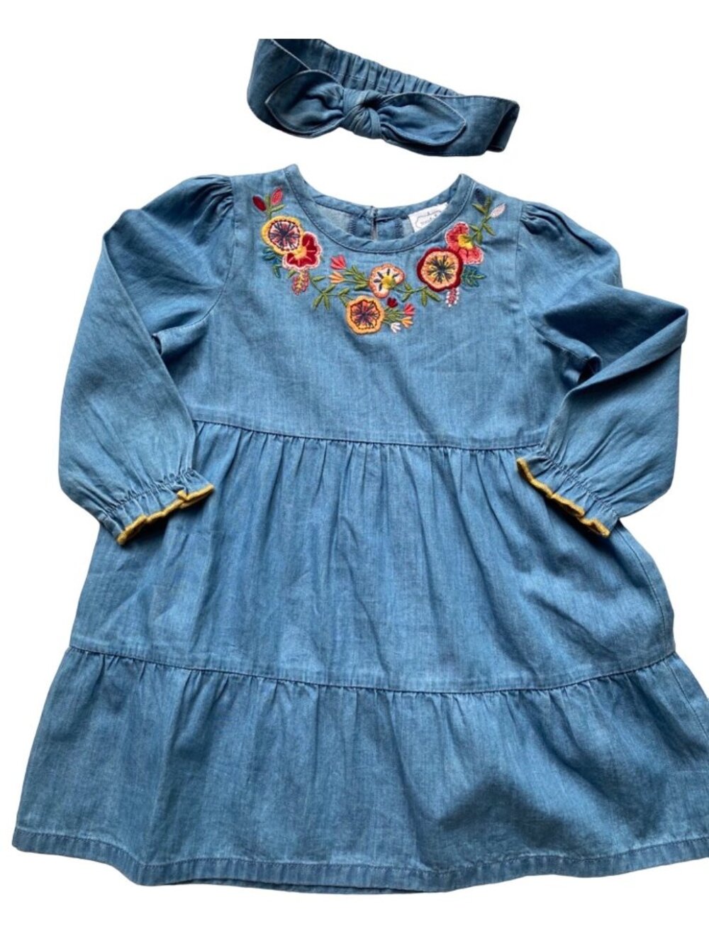 Mud Pie chambray blue jean dress embroidery floral headband 2pc set 24m 2T NWT